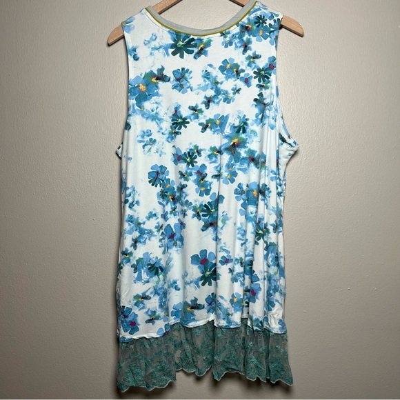 LOGO Lounge Women Tank Top 2X Blue Floral Art Sheer Mesh Lace Trim Stretch Green - Picture 9 of 12